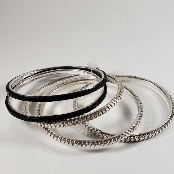 Set of 5 Dainty Silver-tone & Black Bangle Bracelets for Women - Fashion Jewelry - Picture 5 of 8